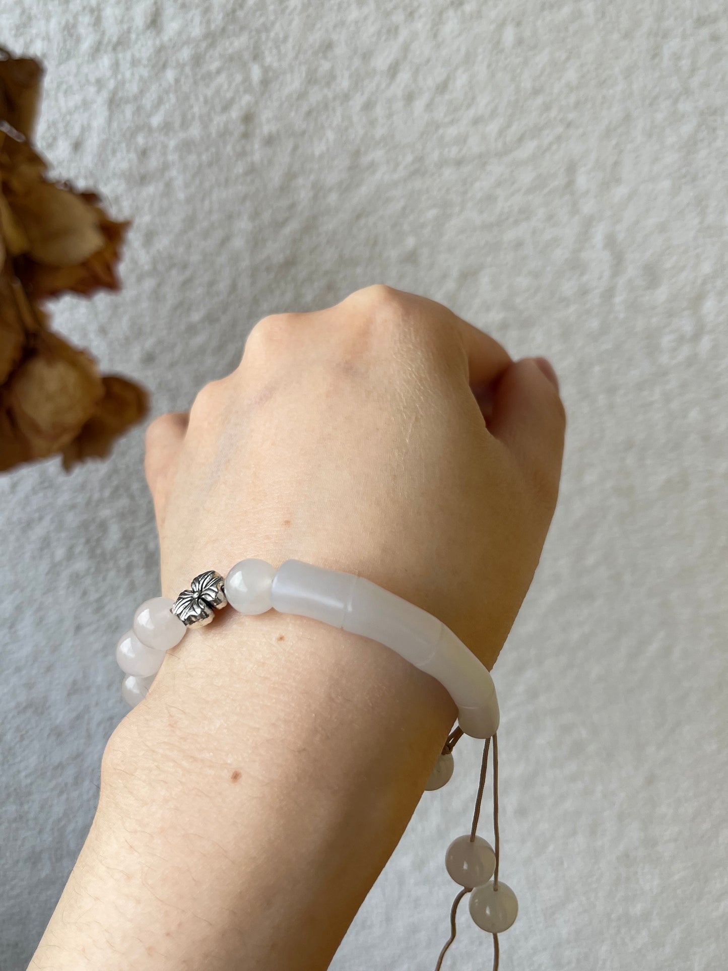 Handmade Bracelet with a Hand Carved White Jade Bamboo