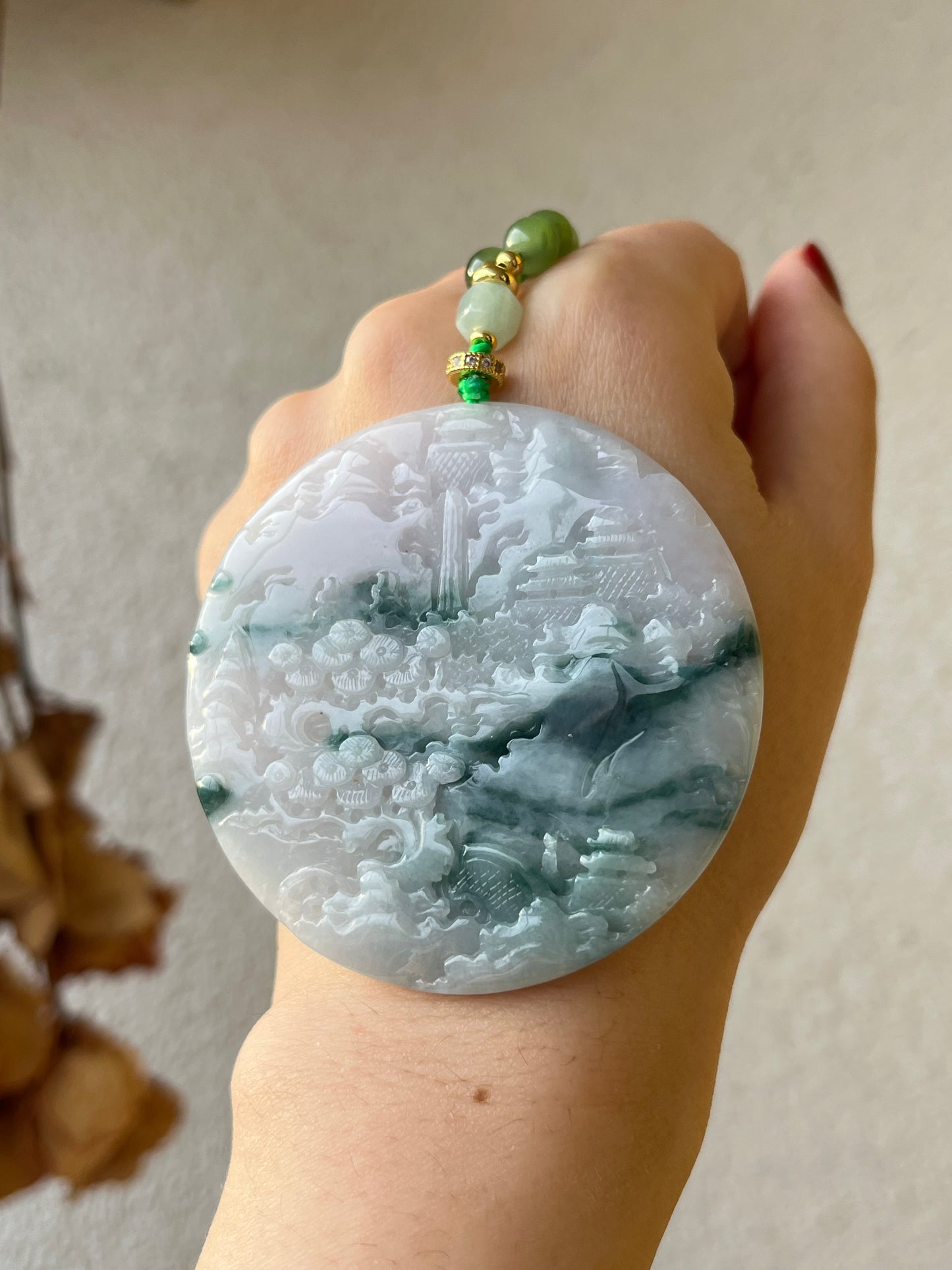 Hand Carved White and Green Jadeite Landscape Pendant, 手雕翡翠山水