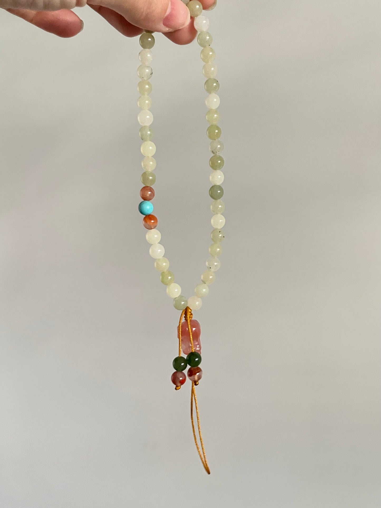 Handmade Jade Beaded with Agate Pixiu Phone Strap，手编和田玉南红貔貅手机链