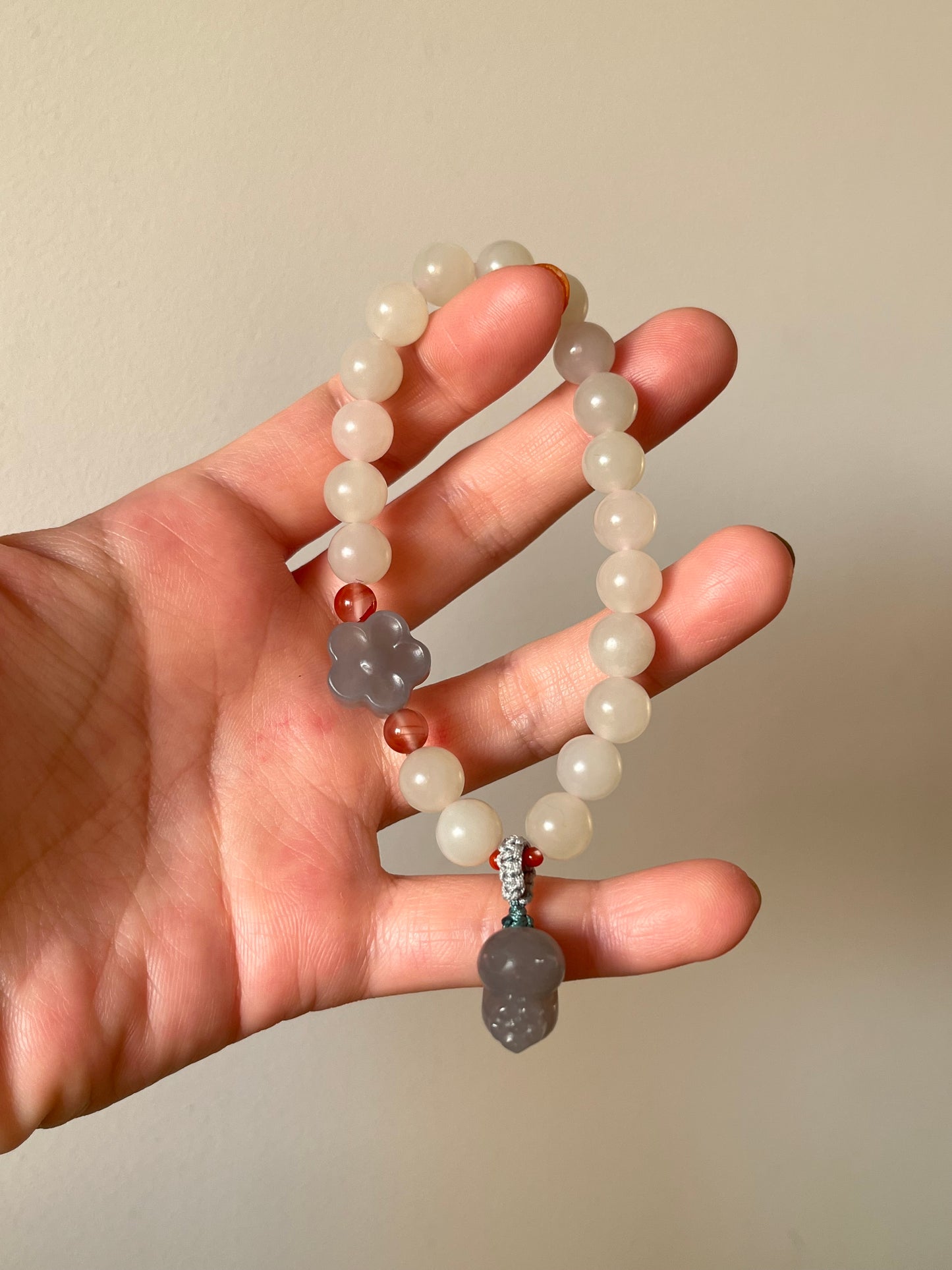 White Jade Bracelet with 8mm Bead and a Hand Carved Purple Jade Cat