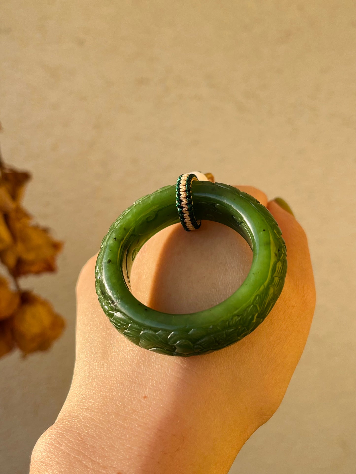 Hand Carved Jade Lotus Flower Peace Ring Pedant, 手雕碧玉荷花平安环吊坠