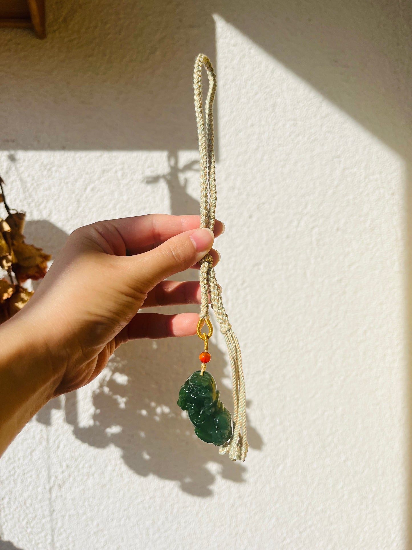 Handmade Bag Charm with a Carved Green Jade Pixiu, 碧玉貔貅包挂