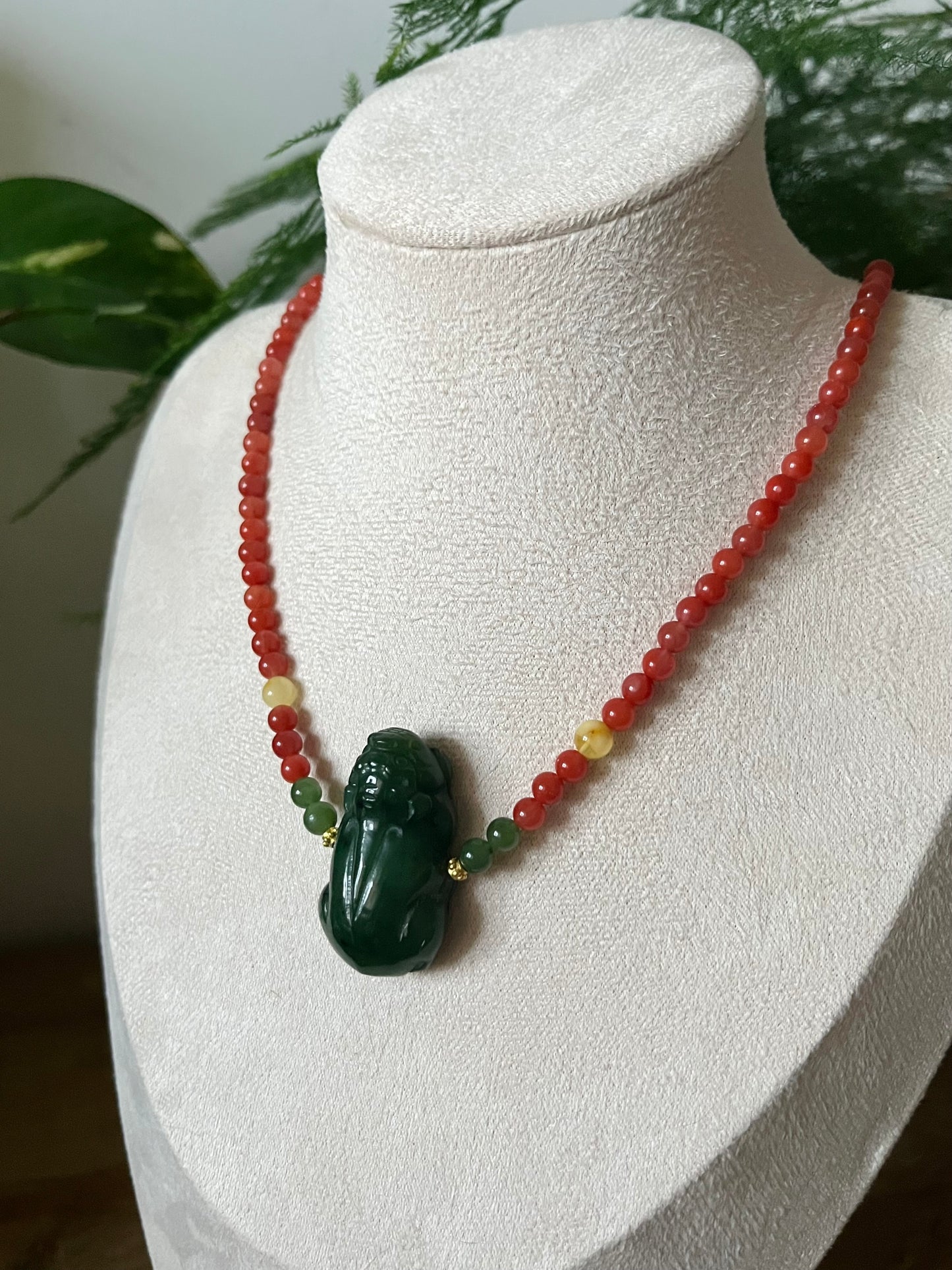 Handmade Necklace with a Carved Green Jade Pixiu and Nanhong Agate Beads