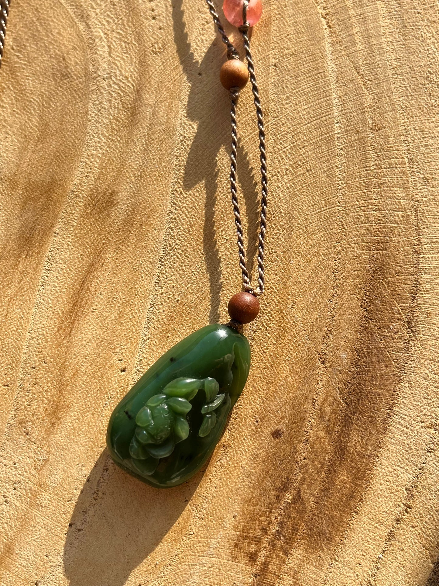 Handmade Necklace with a Hand Carved Green Jade Lotus and Dragonfly Pendant