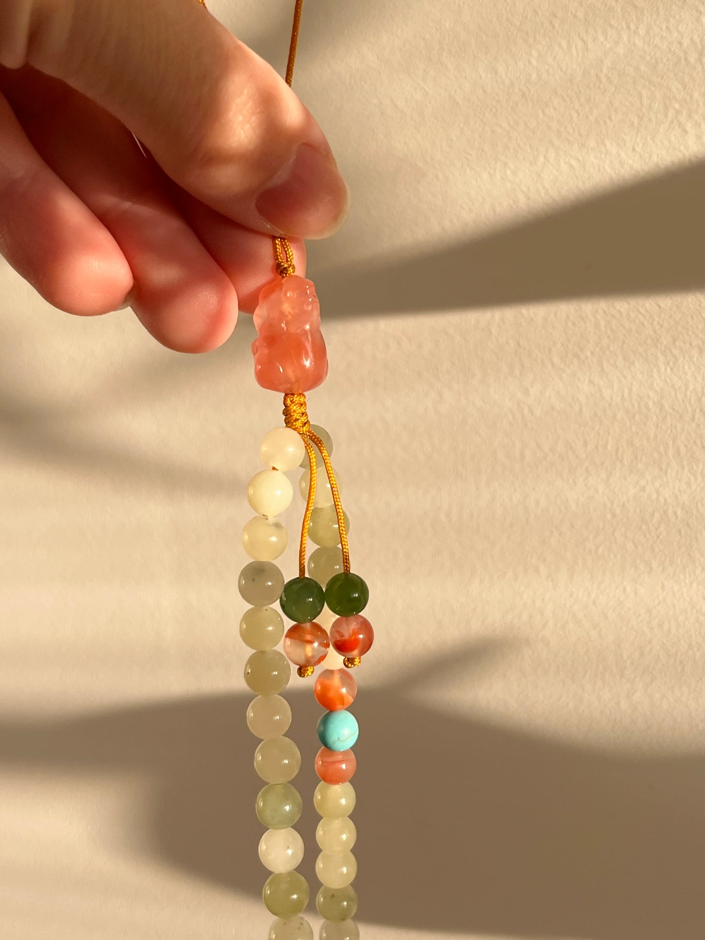 Handmade Jade Beaded with Agate Pixiu Phone Strap，手编和田玉南红貔貅手机链