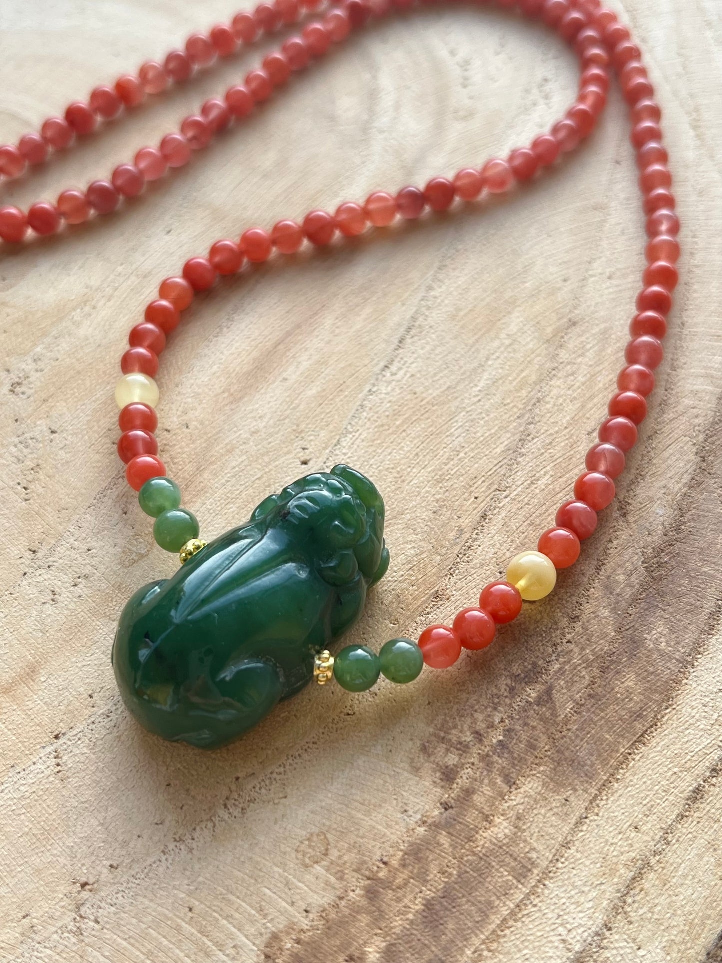 Handmade Necklace with a Carved Green Jade Pixiu and Nanhong Agate Beads