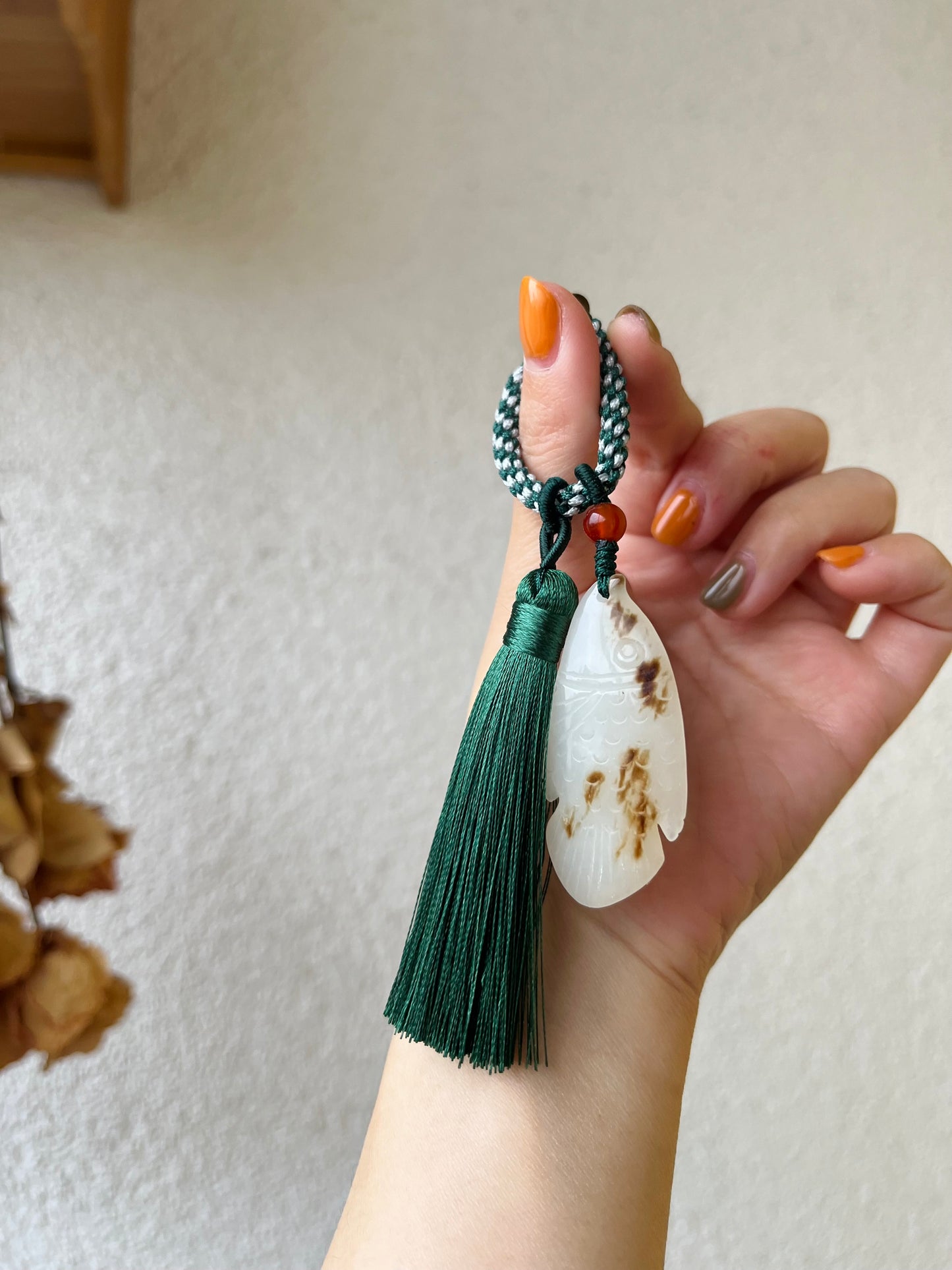 Handmade Bag charm with a Hand Carved Jade Fish, 手雕白玉鱼包挂