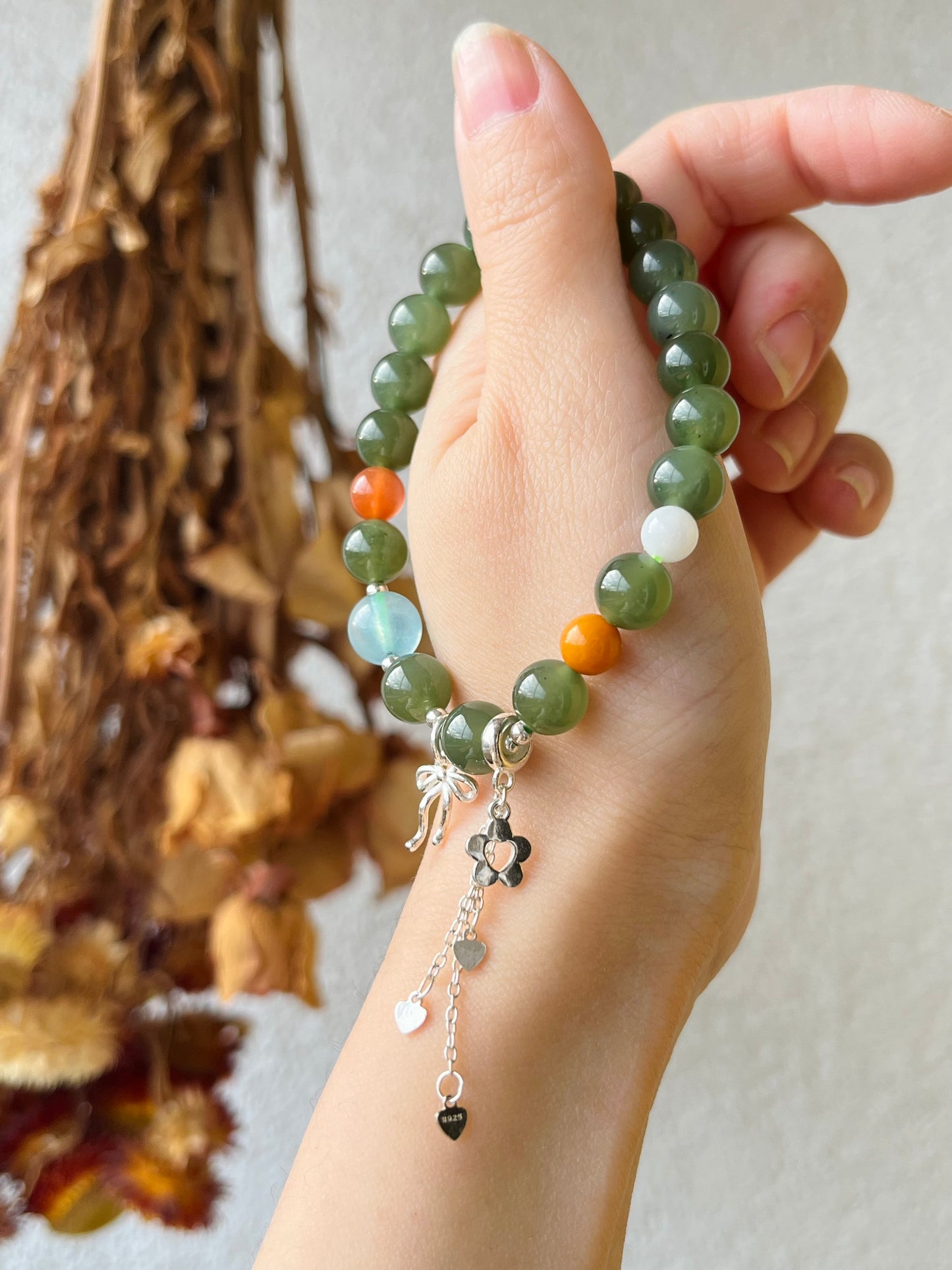 Green Jade Bracelet with 8mm Beads and S925 Sliver Accessories, 碧玉翡翠海蓝宝加银饰手串