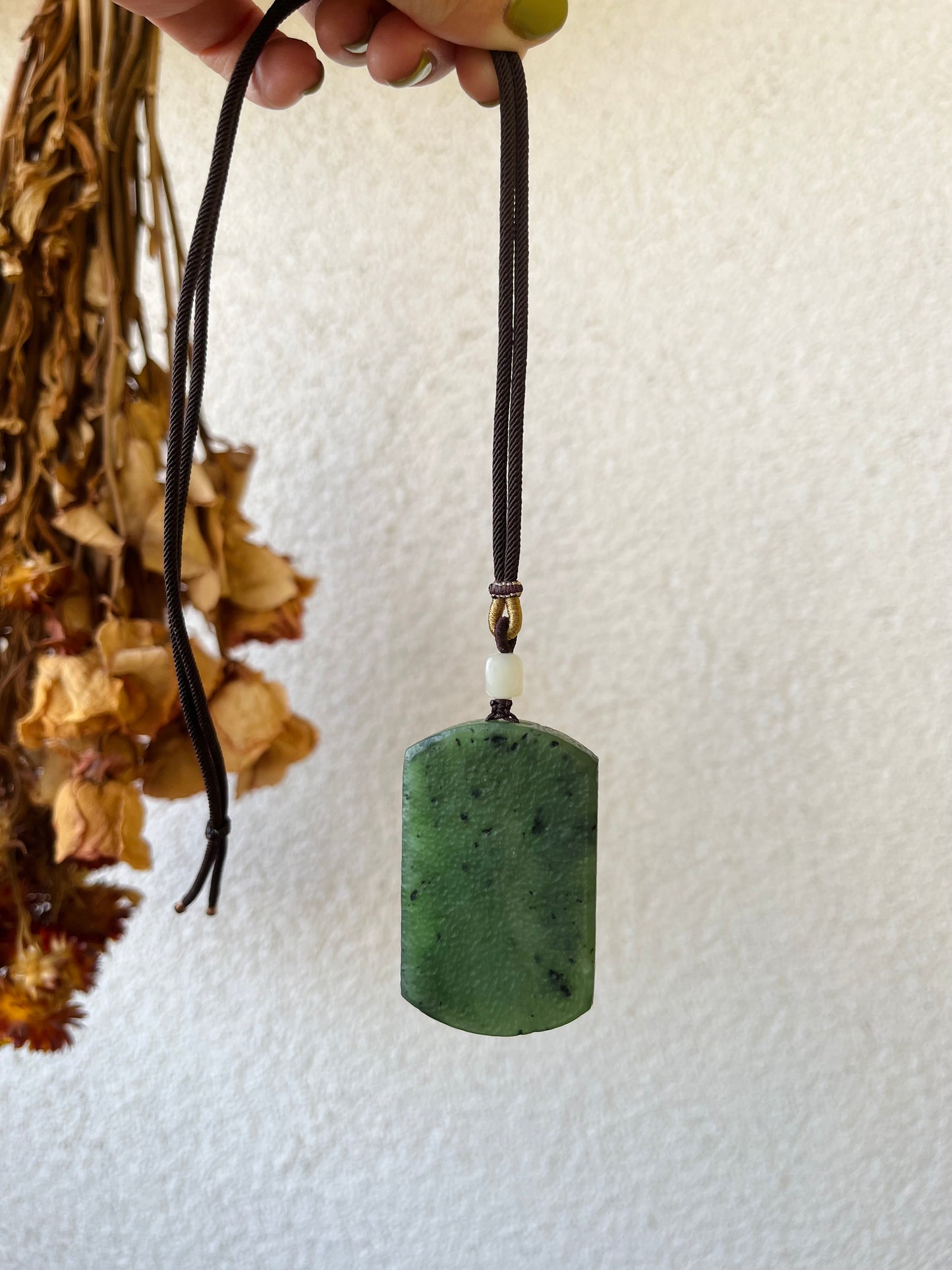 Antique-style Green Jade Flat Pendant Necklace, 古风碧玉无事牌