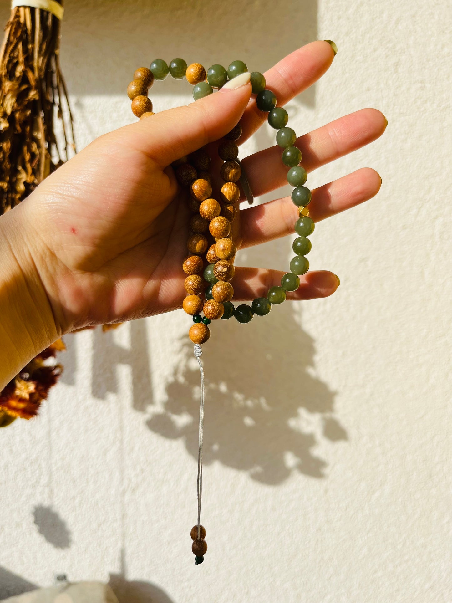 Handmade Necklace with 8mm Green Jade Beads and Bamboo Beads