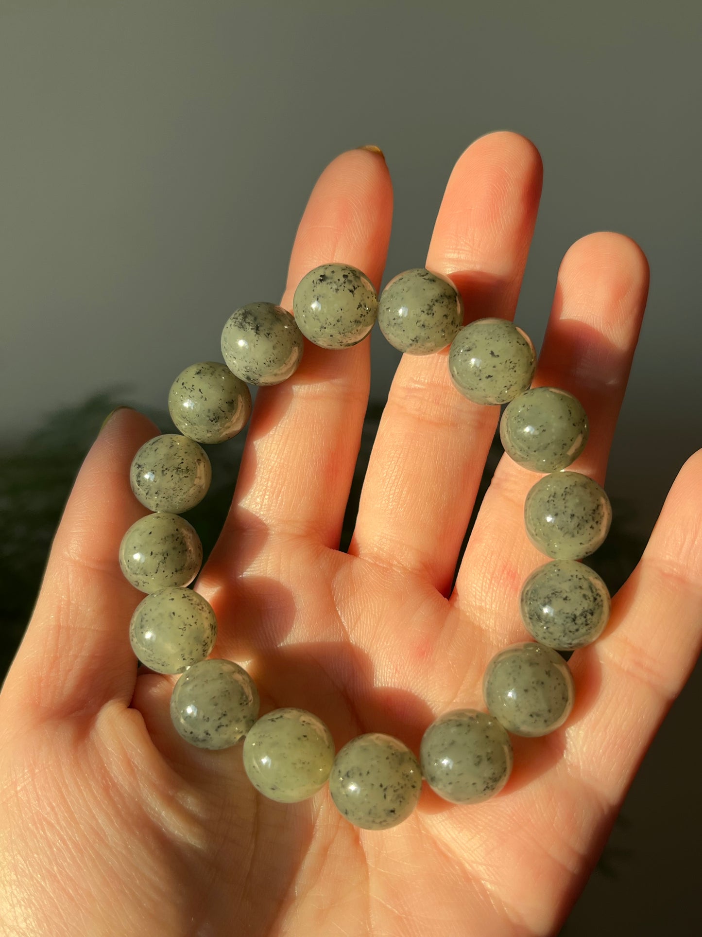 Green-Tinted Ink Dotted Gray Jade Bracelet with 12mm Bead, 和田点墨青花手串