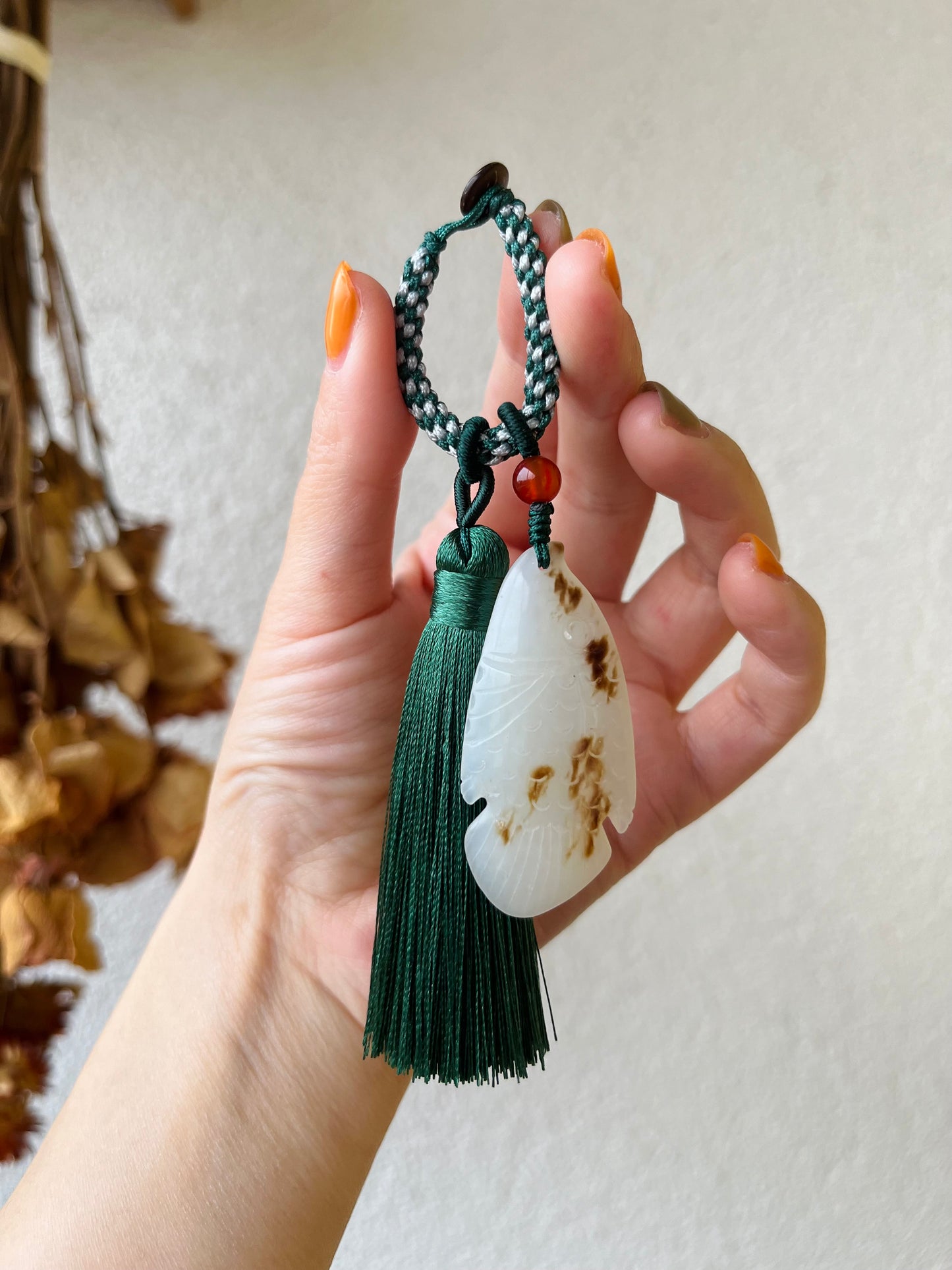 Handmade Bag charm with a Hand Carved Jade Fish, 手雕白玉鱼包挂