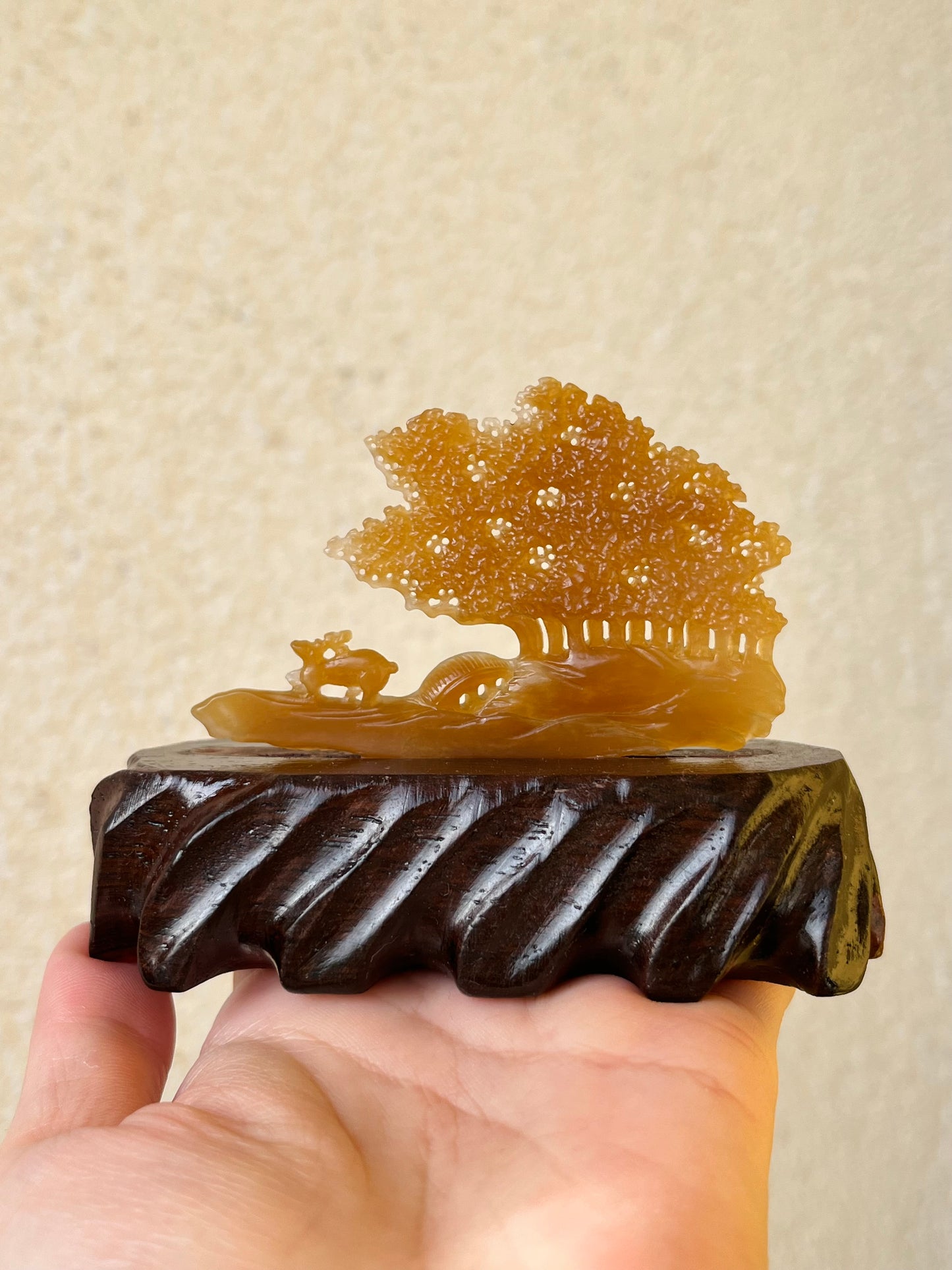 Hand Carved Brown Nephrite Deers and Tree Ornament, 手雕和田糖玉小鹿（一路有你）摆件