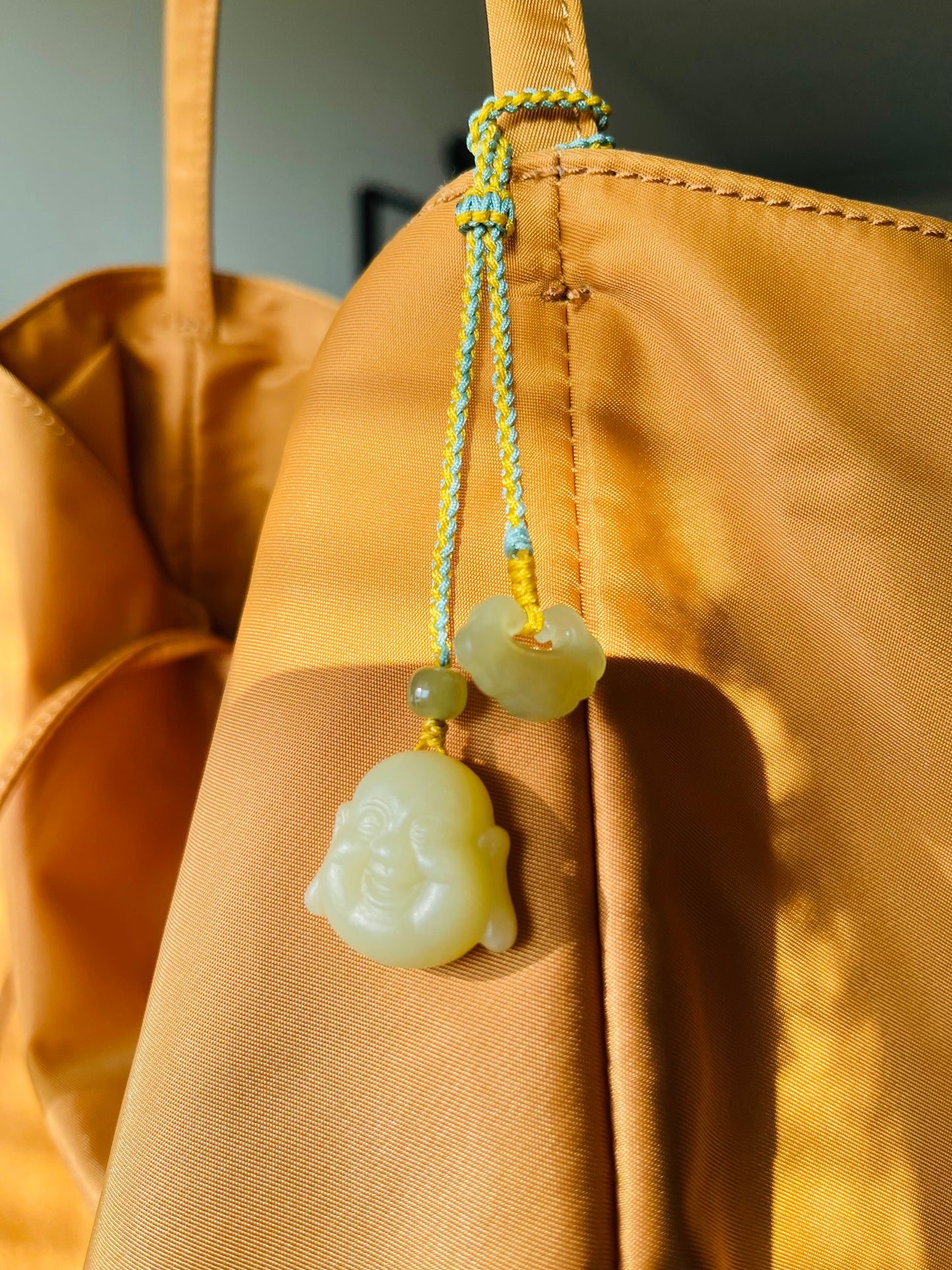 Handmade Jade Maitreya Buddha Bag Charm，黄玉佛公包挂