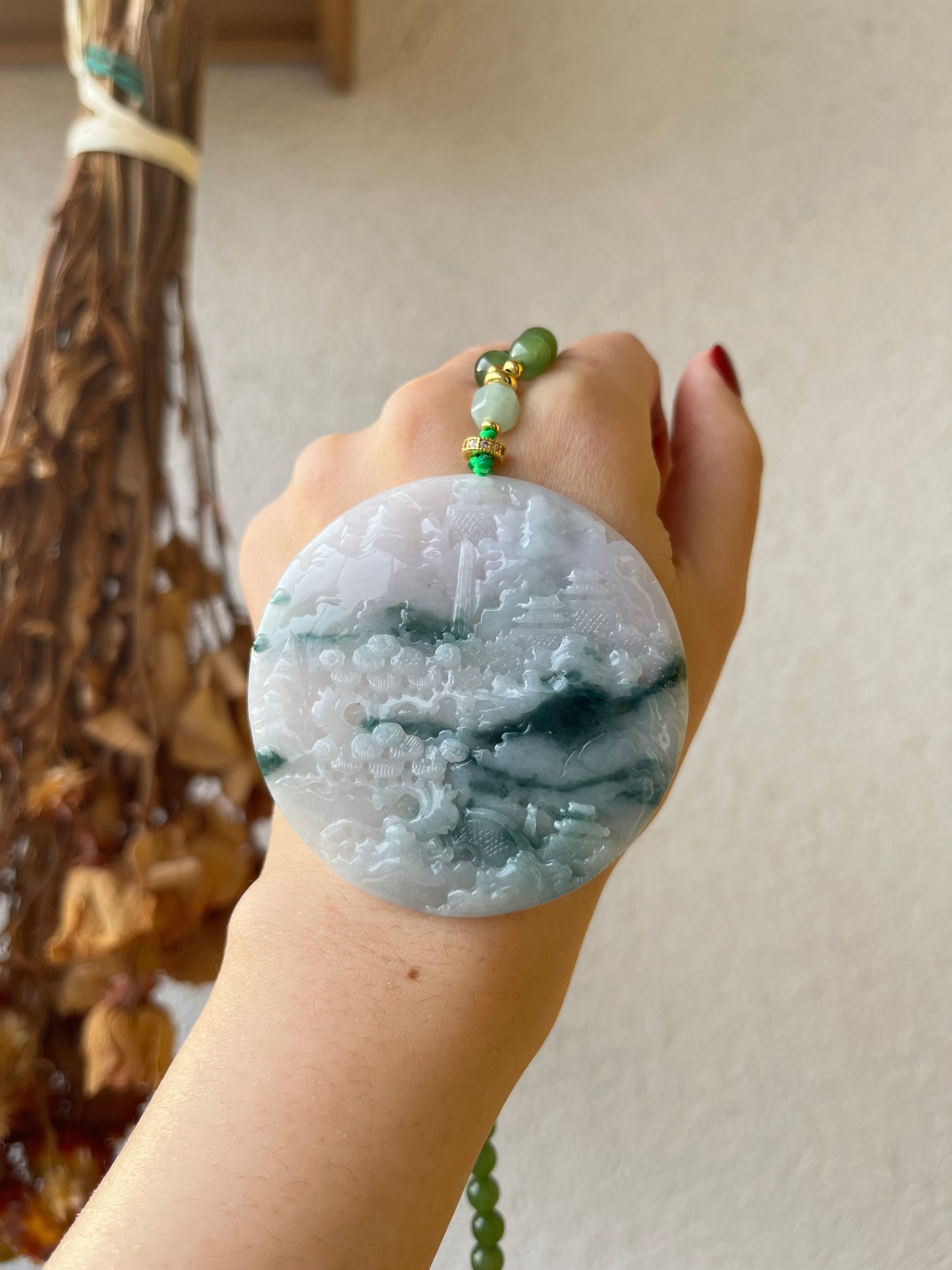 Hand Carved White and Green Jadeite Landscape Pendant, 手雕翡翠山水