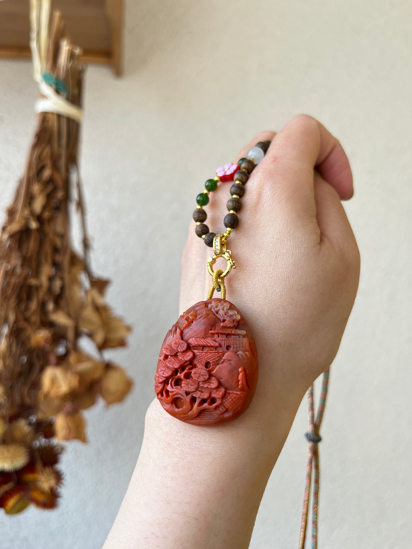 Handmade Necklace with a Hand Carved Nanhong Agate Landscape Pendant, 手雕南红山水