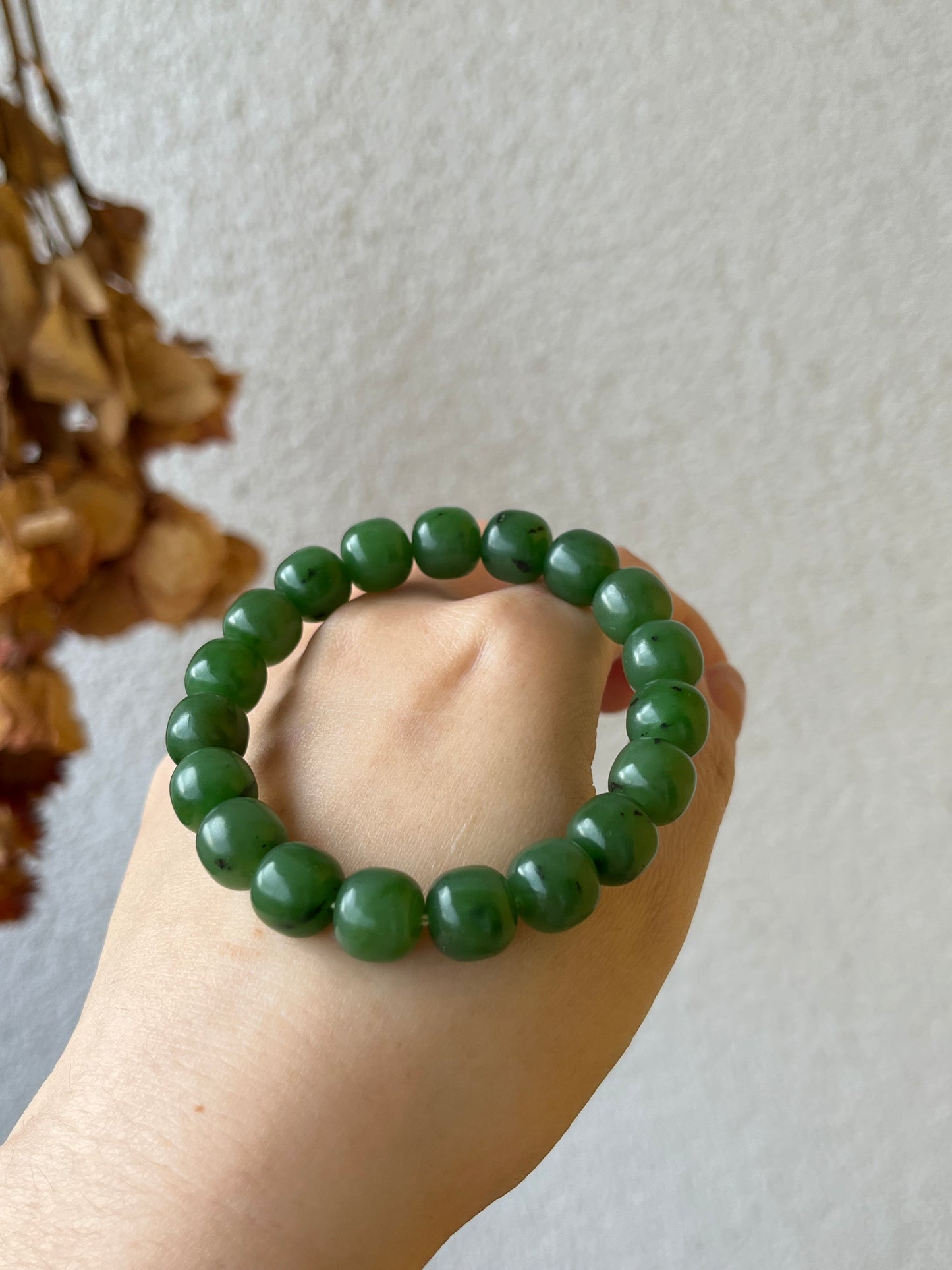 Green Nephrite Jade Beaded Bracelet 10mm x 8mm