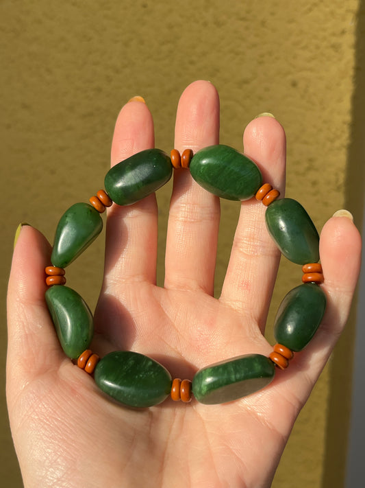 Green Jade Bracelet with Big Irregular Shaped Beads, 碧玉随形大珠子手串