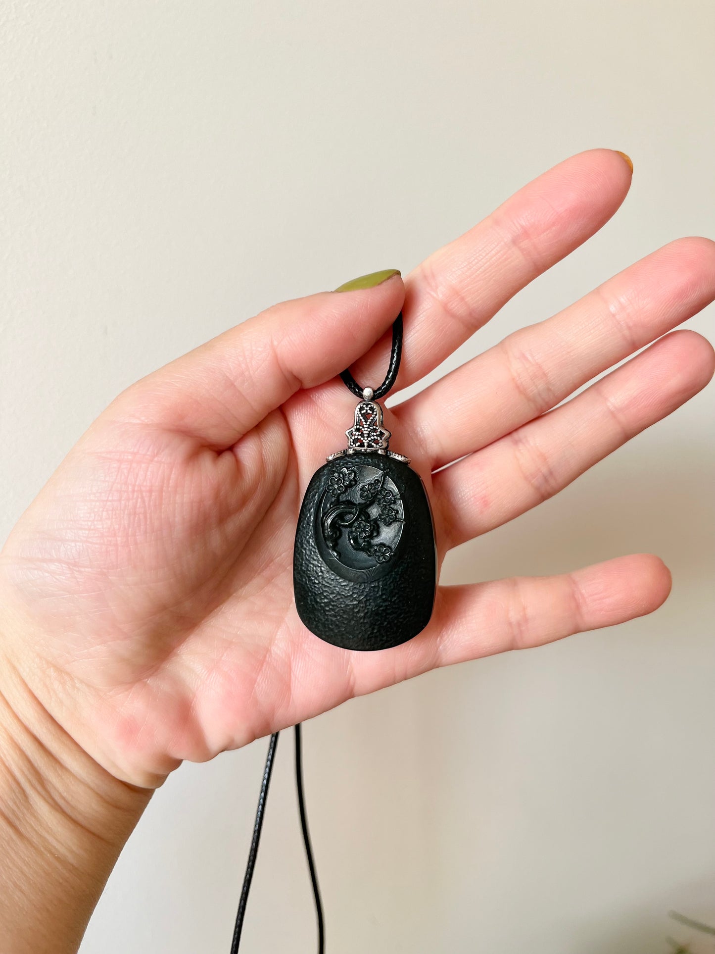 Vintage Style Carved Jade Plum Blossom Pendant, 和田青玉复古银扣头梅花牌