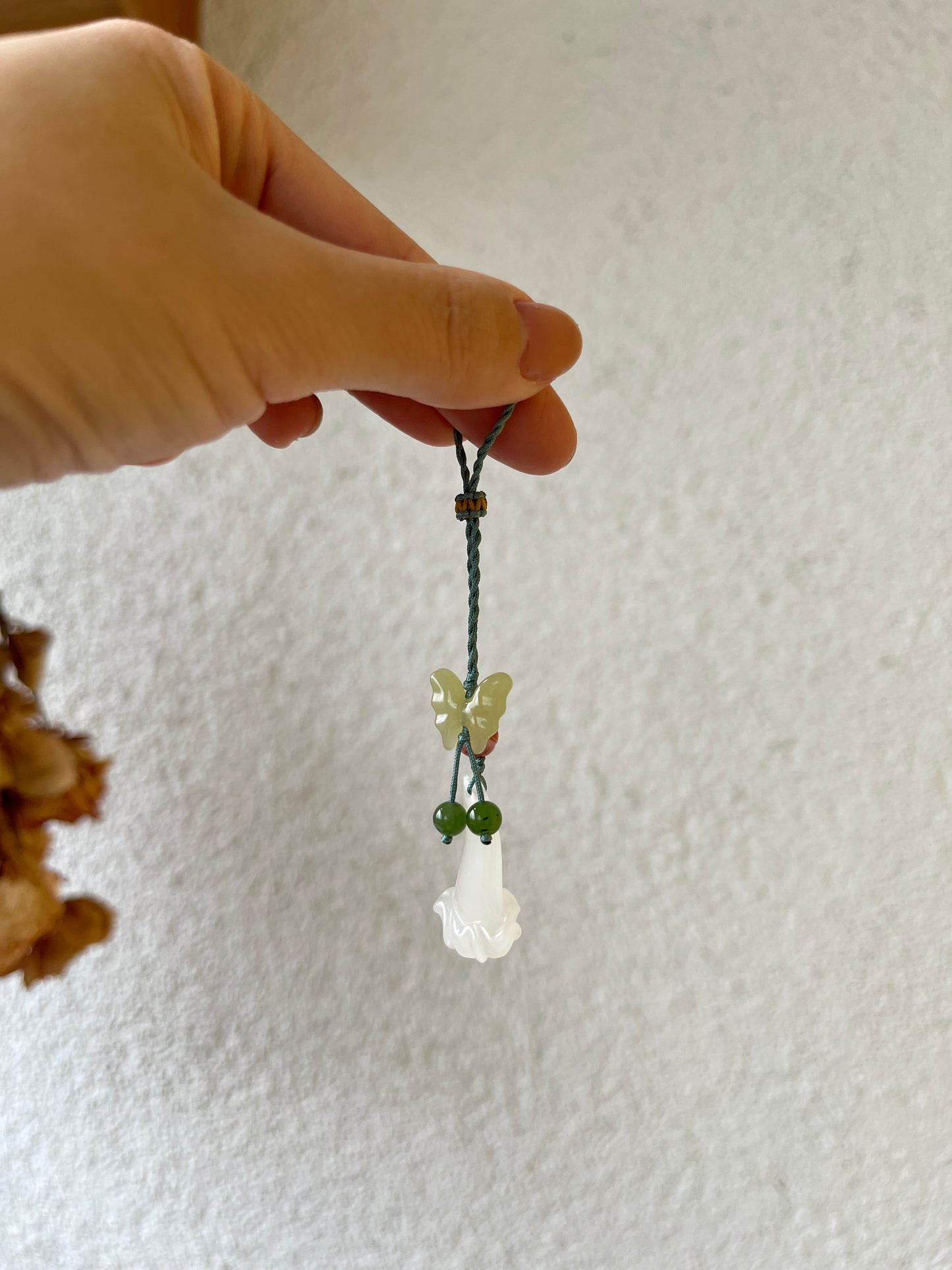 Handmade Phone Charm with a Hand Carved Jade Trumpet Flower and Butterfly