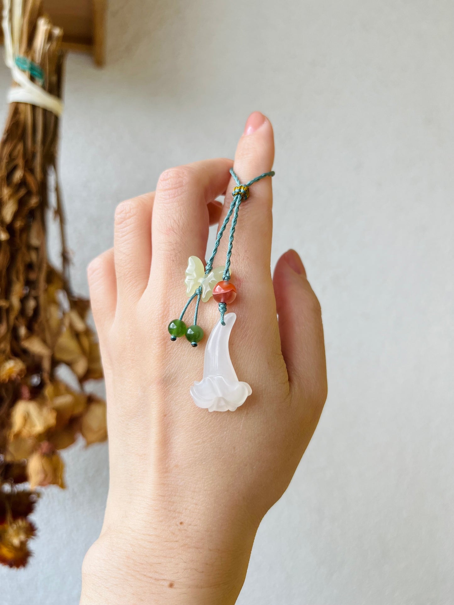 Handmade Phone Charm with a Hand Carved Jade Trumpet Flower and Butterfly