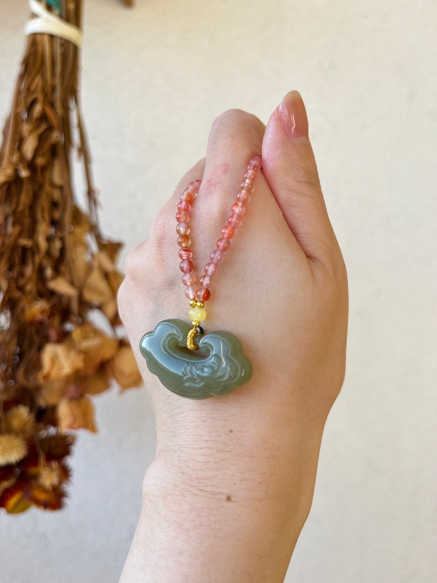 Handmade Necklace with 3mm Nanhong Agate Beads and Carved Jade Auspicious Clouds Ruyi Pendant, 南红玛瑙和田祥云如意项链