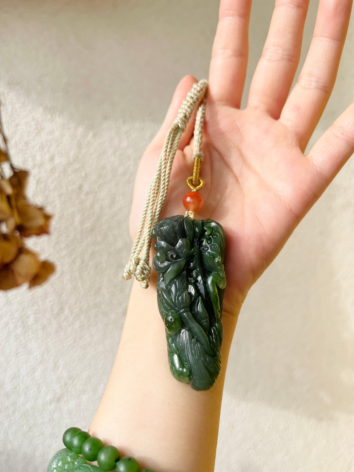 Hand Carved Green Nephrite Fish and Lotus Pendant, 手雕碧玉荷花鱼手把件