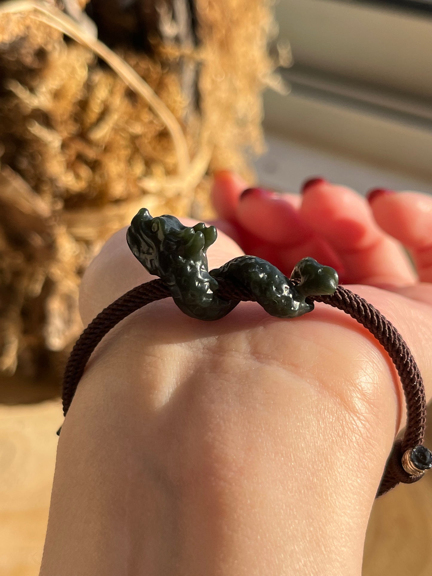 Hand Carved Dark Cyan Jade Chinese Dragon Pendant Bracelet, 手雕青玉盘龙手绳