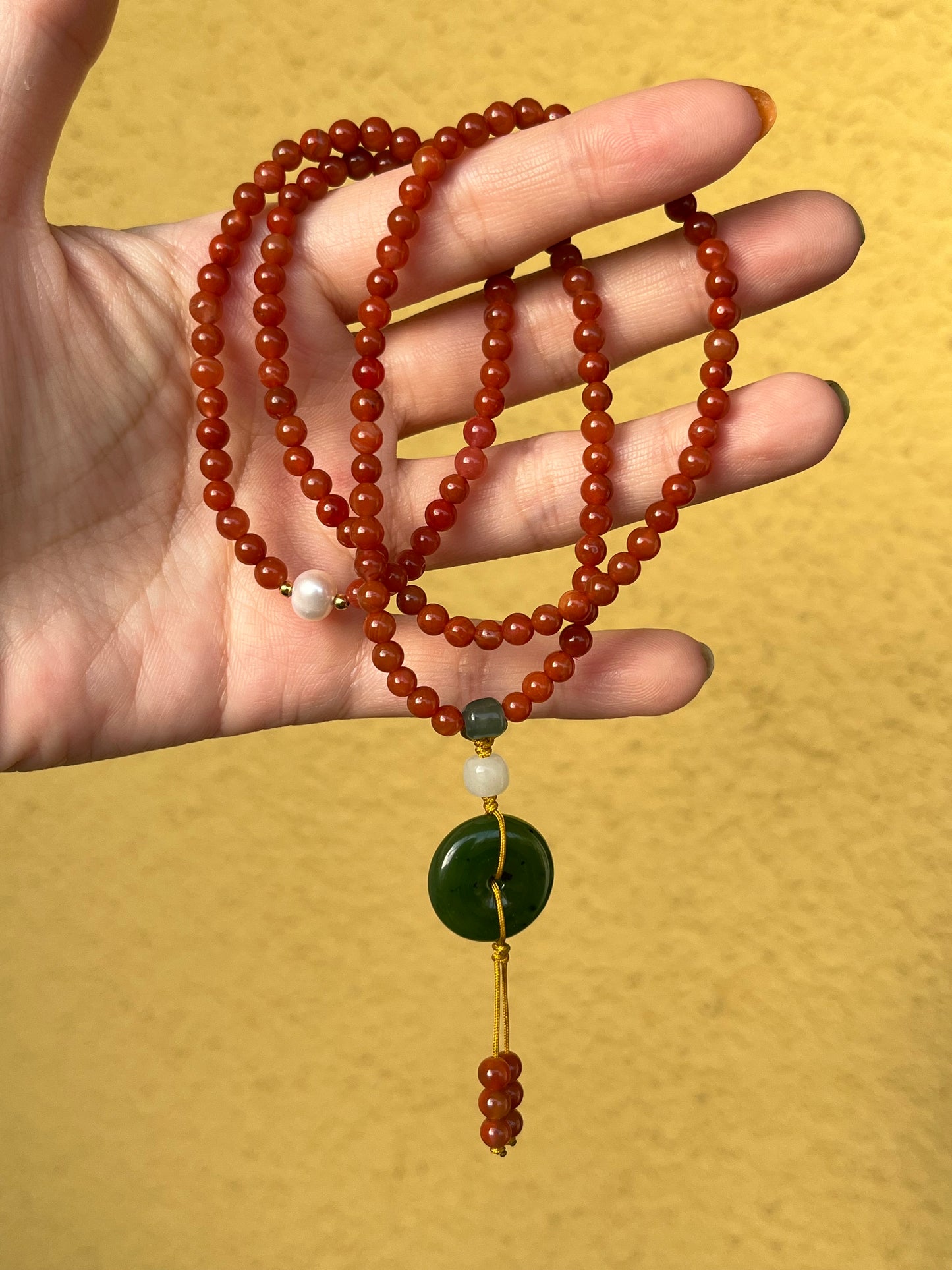 Multi-Function Three Loop Southern Red Agate Beaded Bracelet with a Green Jade PI pendant (ping an kou), 南红多圈手串加碧玉平安扣