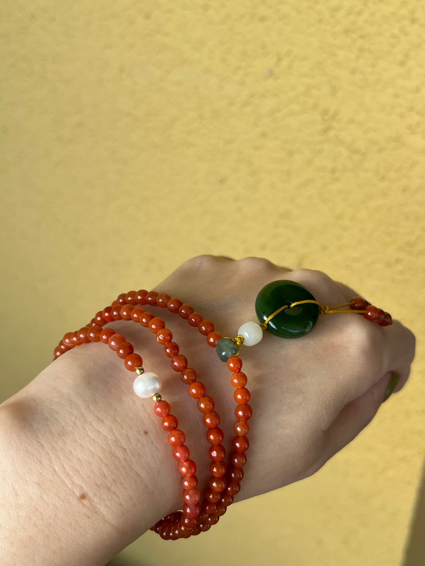 Multi-Function Three Loop Southern Red Agate Beaded Bracelet with a Green Jade PI pendant (ping an kou), 南红多圈手串加碧玉平安扣