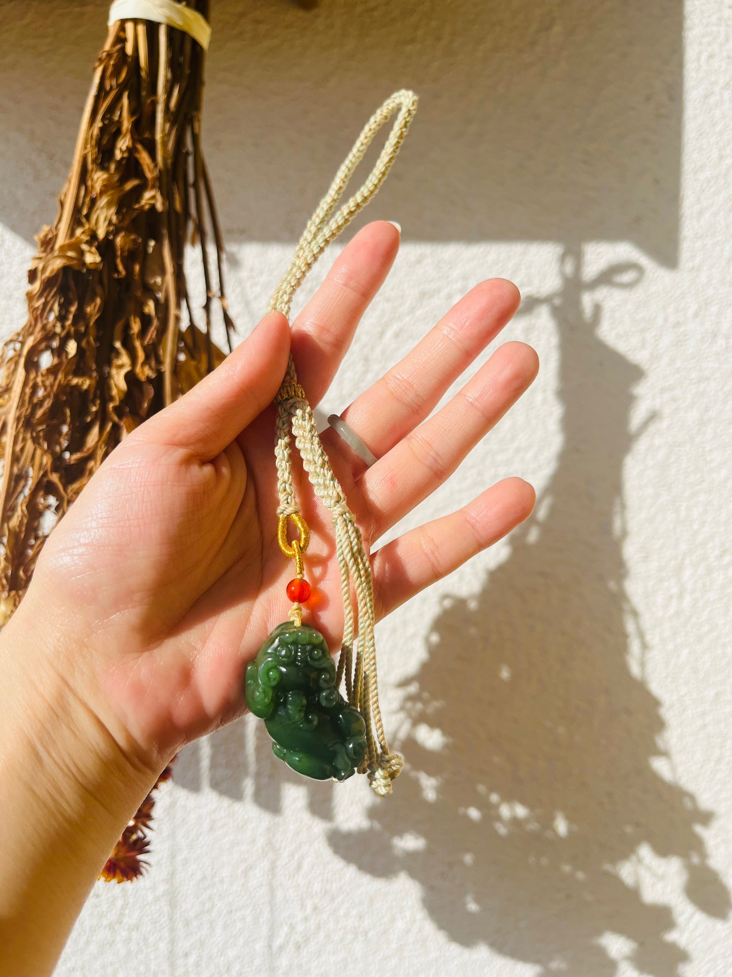 Handmade Bag Charm with a Carved Green Jade Pixiu, 碧玉貔貅包挂