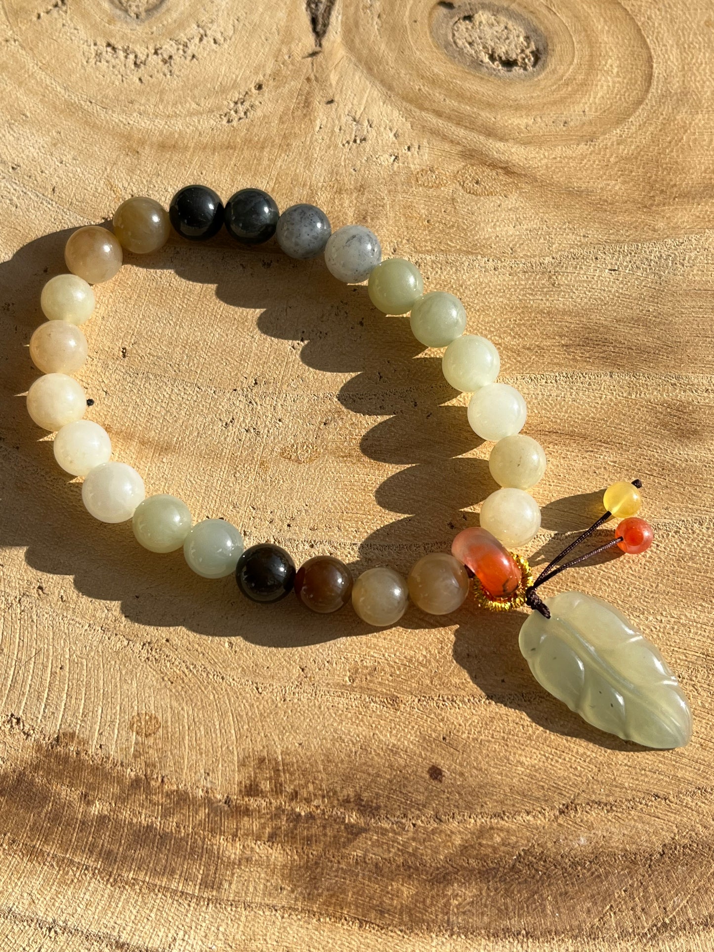 Autumn Vibes, Multi-color Jade Bracelet with 8mm Beads and a Jade Leaf, 和田楼兰三色手串