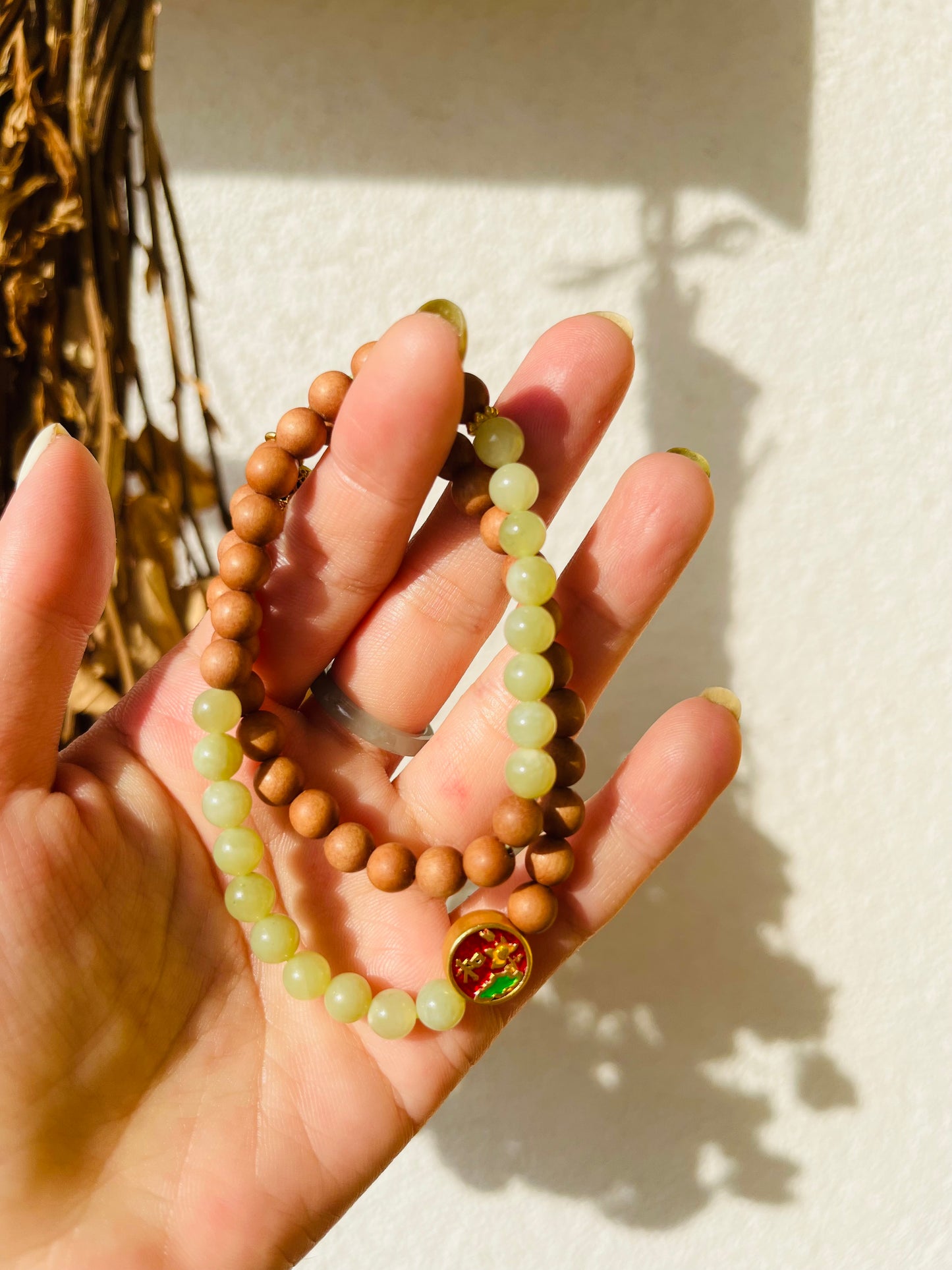 Handmade Double Loop Bracelet with 6m Jade Beads and Sandalwood beads