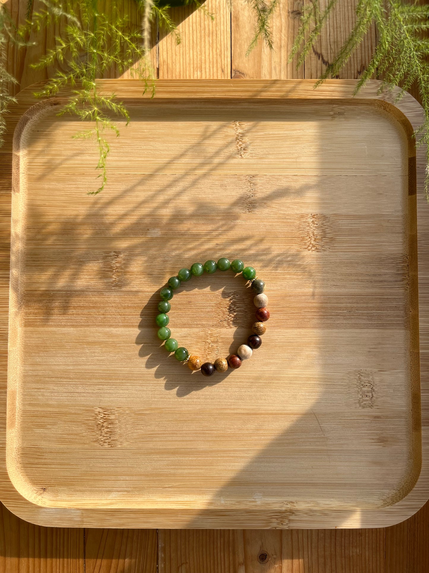 Handmade Bracelet with 8mm Jade Beads and Mixed wood Beads