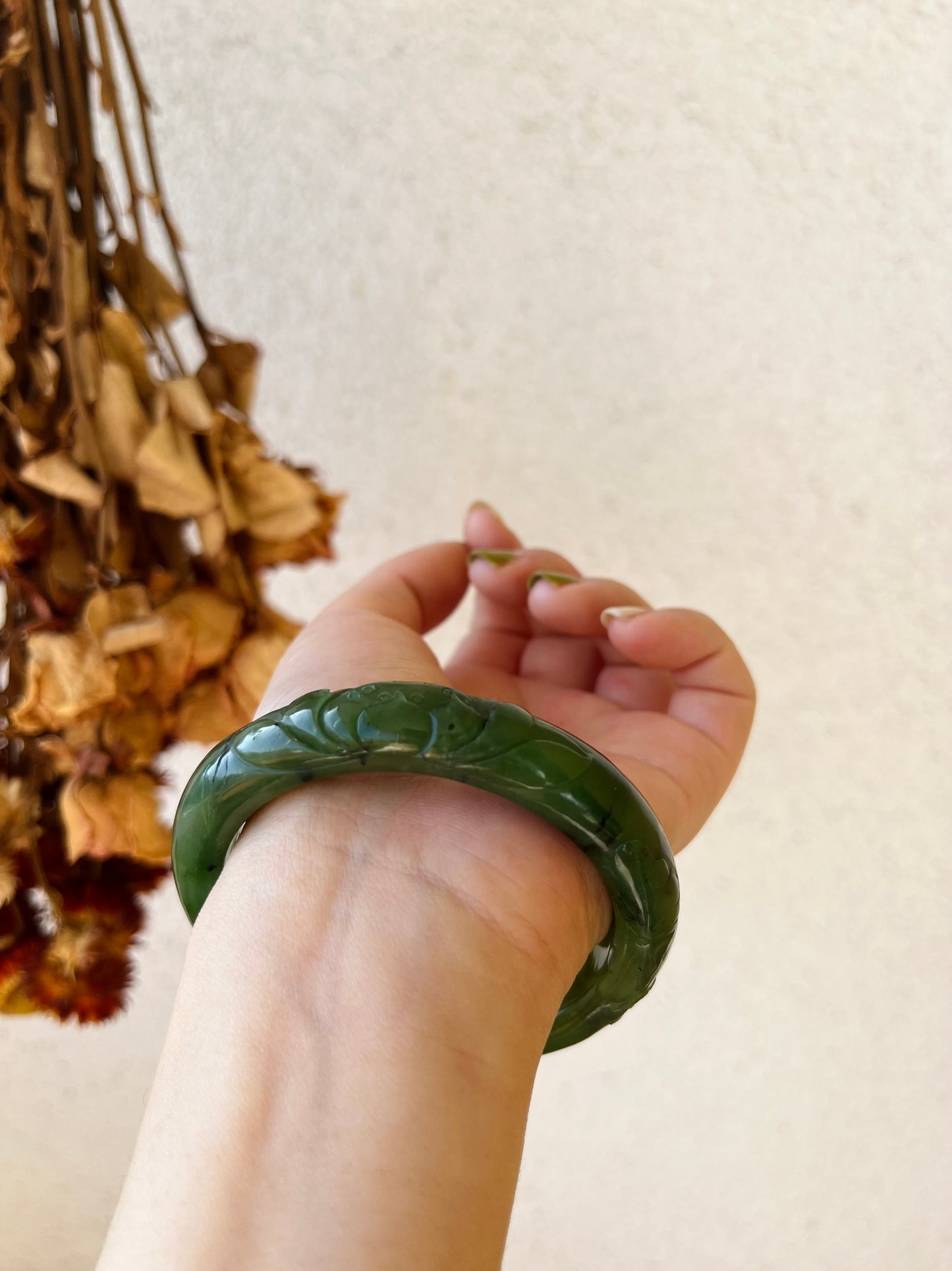 Carved Green Nephrite Jade Bangle 57mm