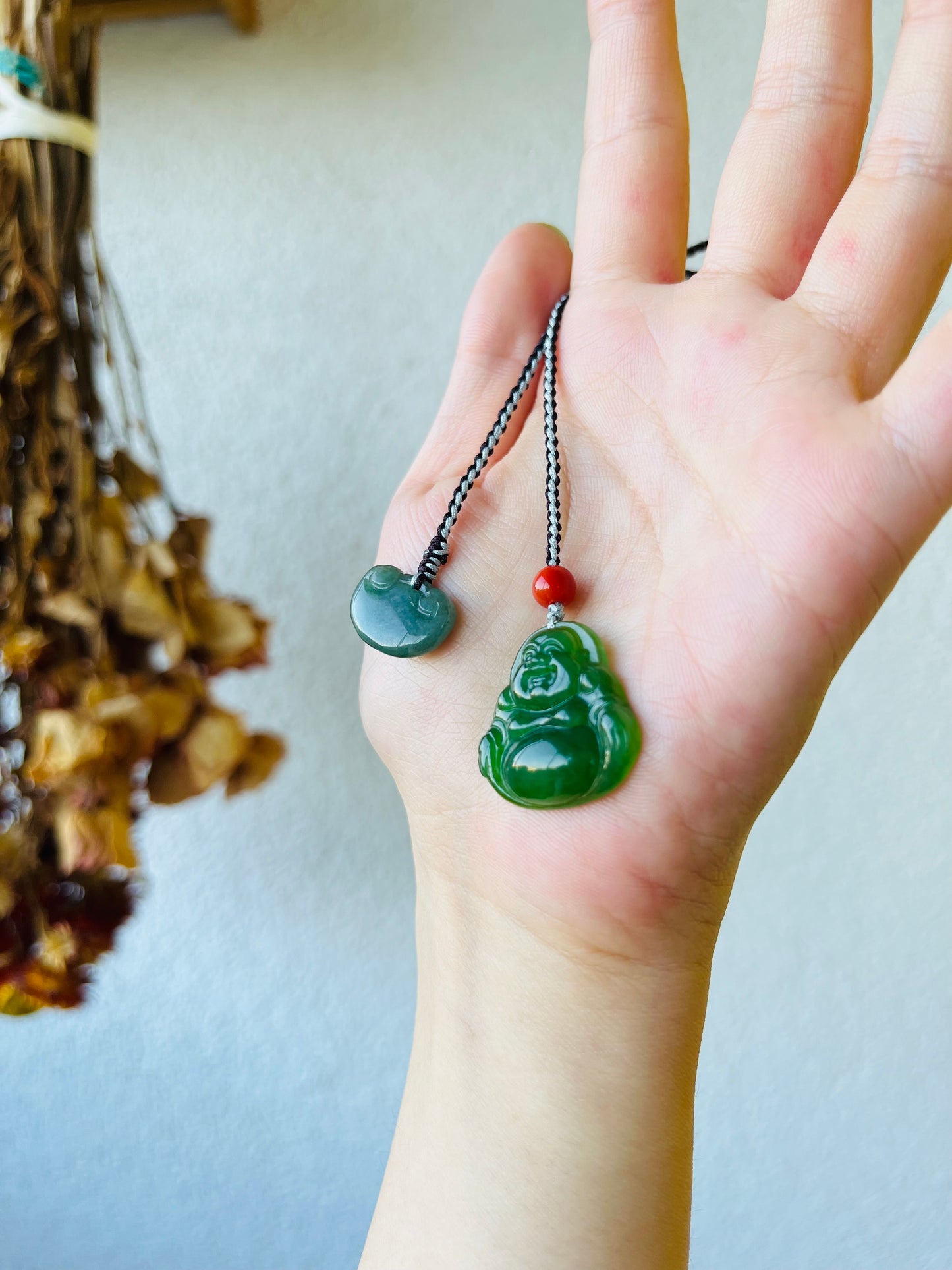 Handmade Jade Maitreya Buddha Bag Charm, 无黑点碧玉佛公包挂