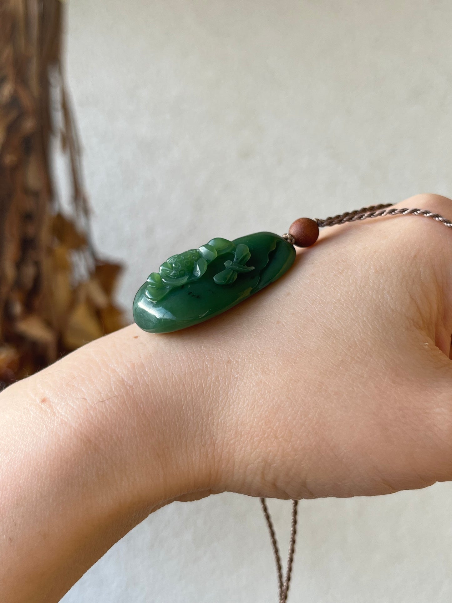 Handmade Necklace with a Hand Carved Green Jade Lotus and Dragonfly Pendant