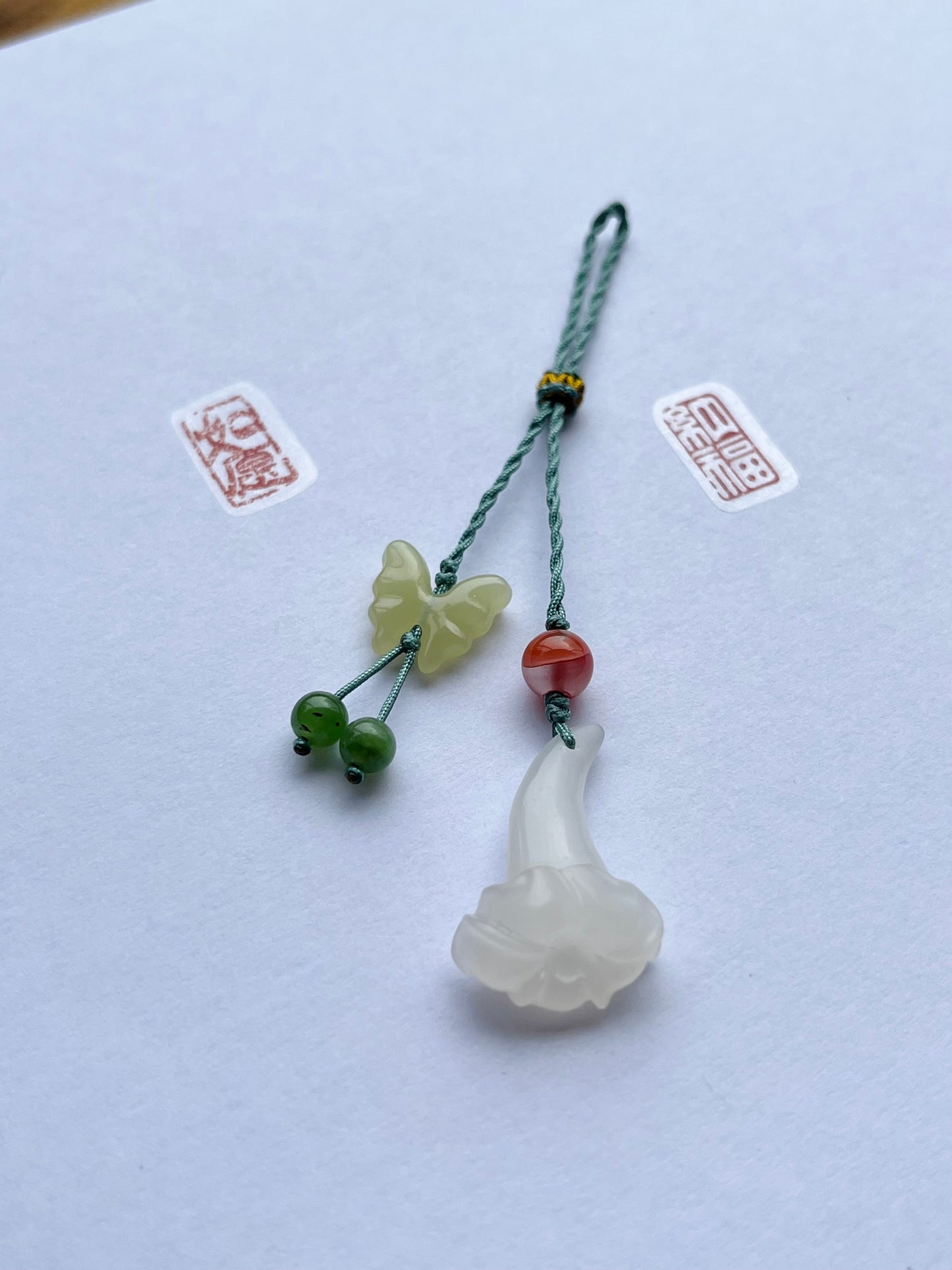 Handmade Phone Charm with a Hand Carved Jade Trumpet Flower and Butterfly