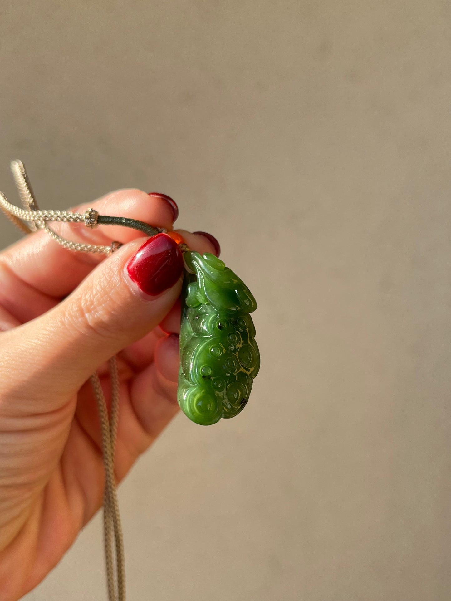 Hand Carved Green Nephrite Lotus Pod Pendant,  手雕碧玉如意莲蓬