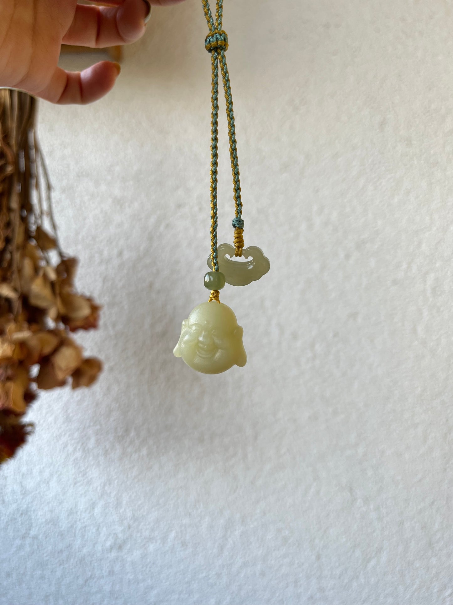 Handmade Jade Maitreya Buddha Bag Charm，黄玉佛公包挂