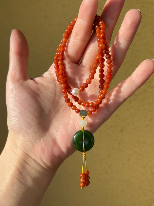 Multi-Function Three Loop Southern Red Agate Beaded Bracelet with a Green Jade PI pendant (ping an kou), 南红多圈手串加碧玉平安扣