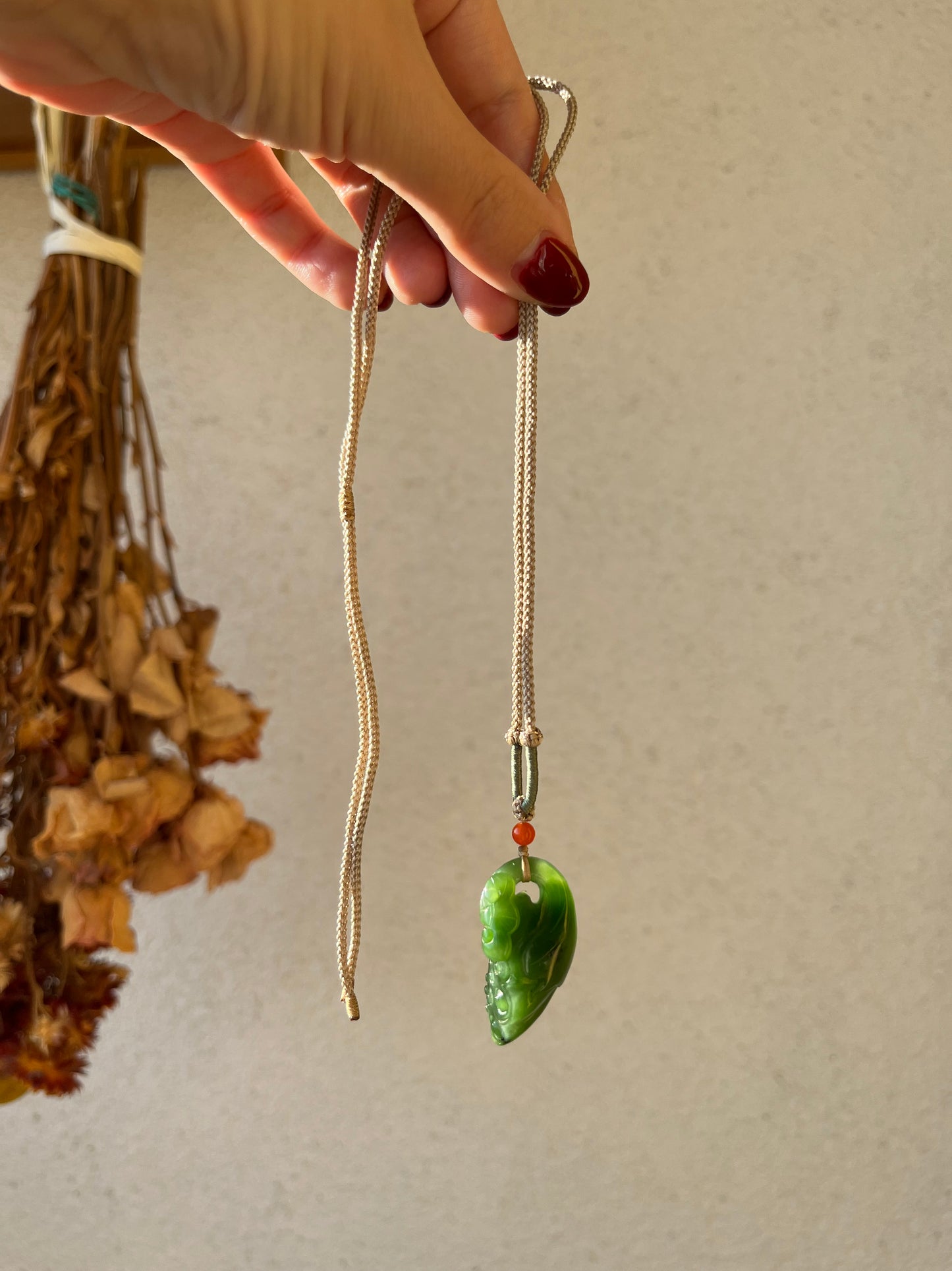 Hand Carved Green Nephrite Lotus Pod Pendant,  手雕碧玉如意莲蓬