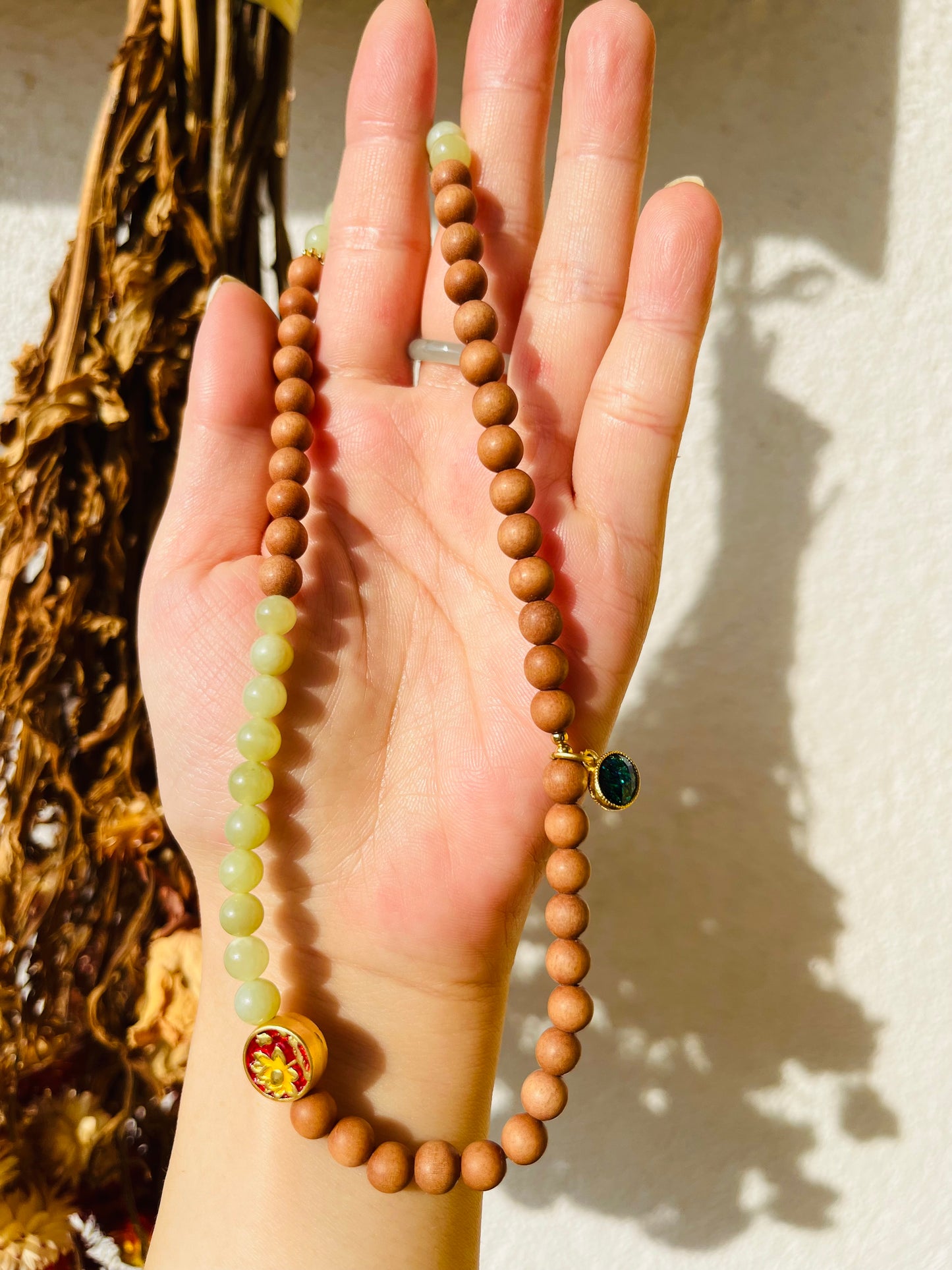 Handmade Double Loop Bracelet with 6m Jade Beads and Sandalwood beads