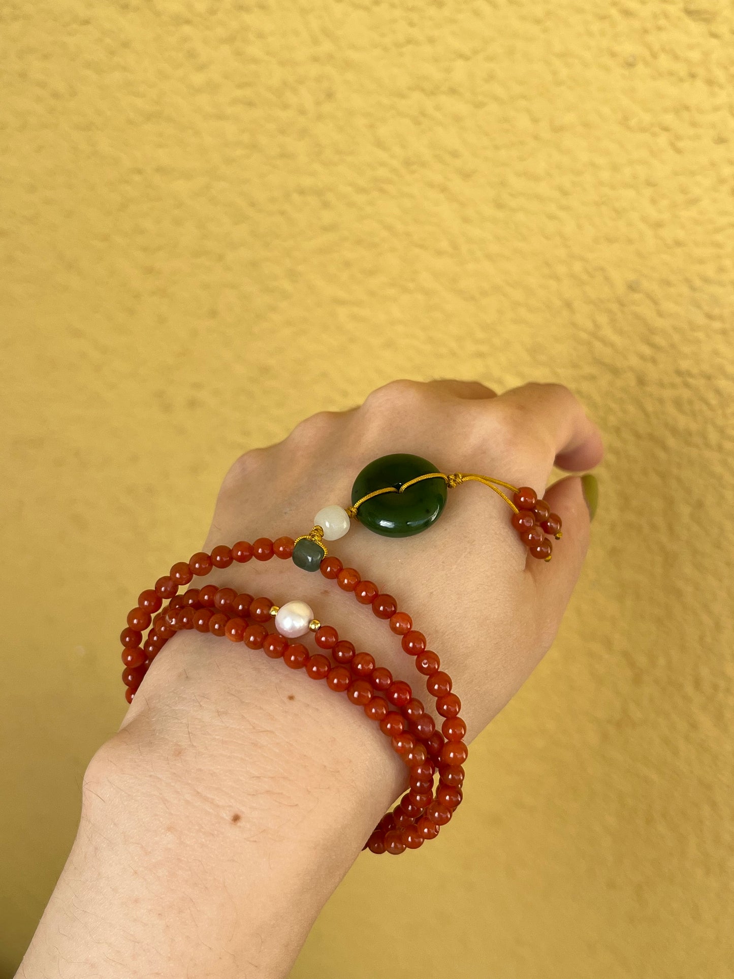 Multi-Function Three Loop Southern Red Agate Beaded Bracelet with a Green Jade PI pendant (ping an kou), 南红多圈手串加碧玉平安扣