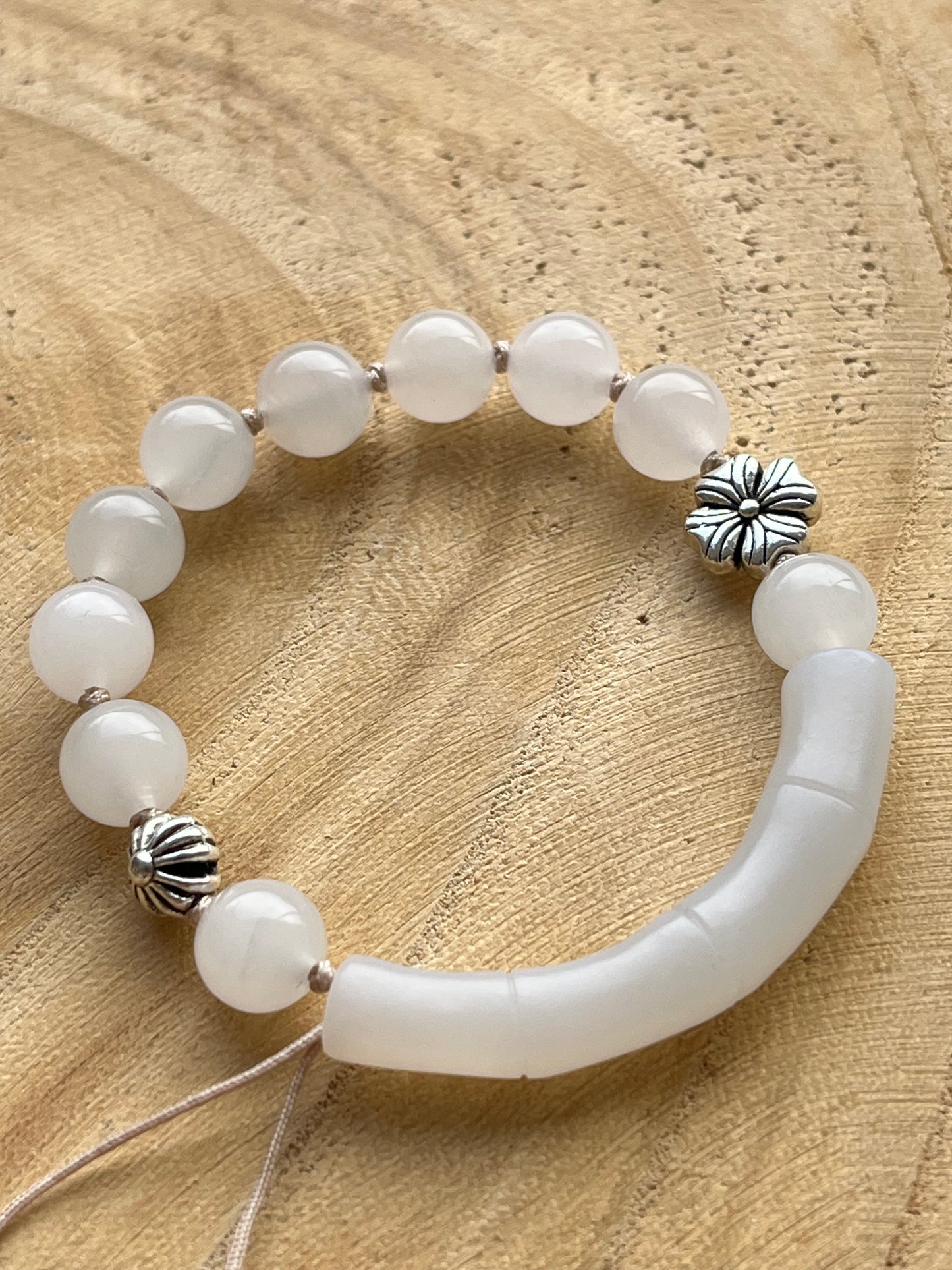 Handmade Bracelet with a Hand Carved White Jade Bamboo